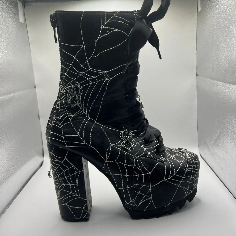 Dolls Kill Black Spiderweb Platform Lace-Up Boots
